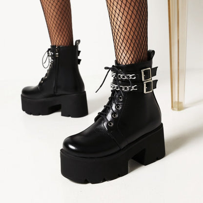 Women's Square Toe Tied Belts Metal Chains Buckles Block Heel Platform Short Boots