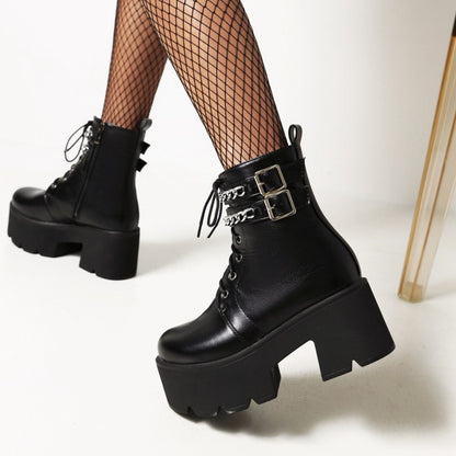 Women's Square Toe Tied Belts Metal Chains Buckles Block Heel Platform Short Boots