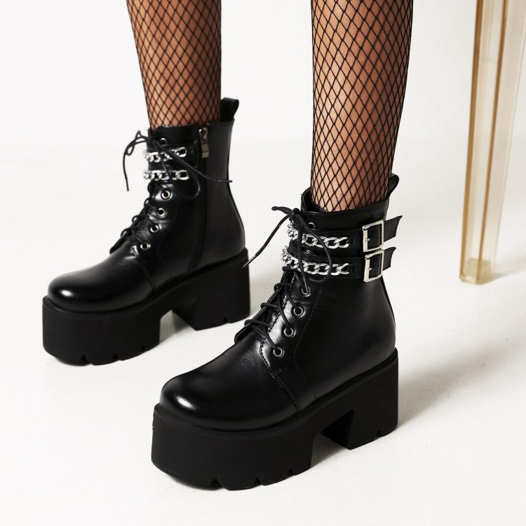 Women's Square Toe Tied Belts Metal Chains Buckles Block Heel Platform Short Boots