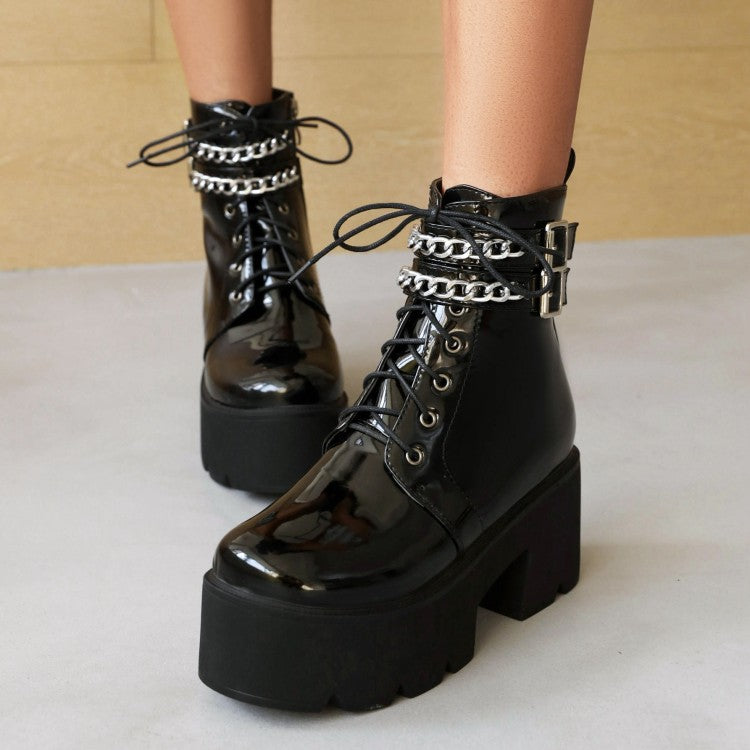 Women's Square Toe Tied Belts Metal Chains Buckles Block Heel Platform Short Boots