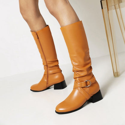 Women's Pu Leather Belts Buckles Side Zippers Block Heel Knee High Boots