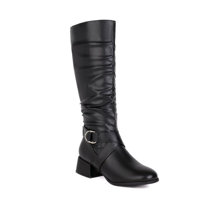 Women's Pu Leather Belts Buckles Side Zippers Block Heel Knee High Boots