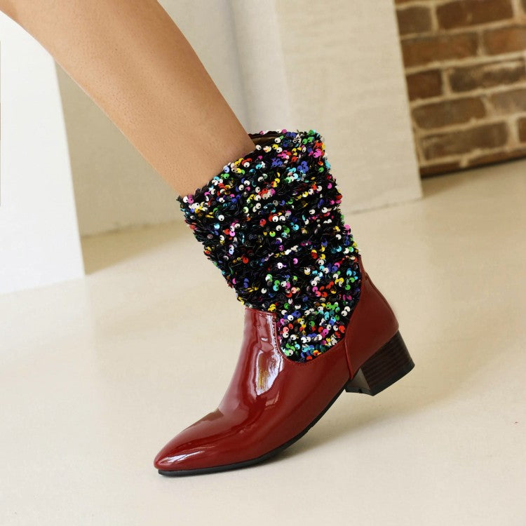 Women's Glossy Pointed Toe Sequins Patchwork Square Heel Mid Calf Boots