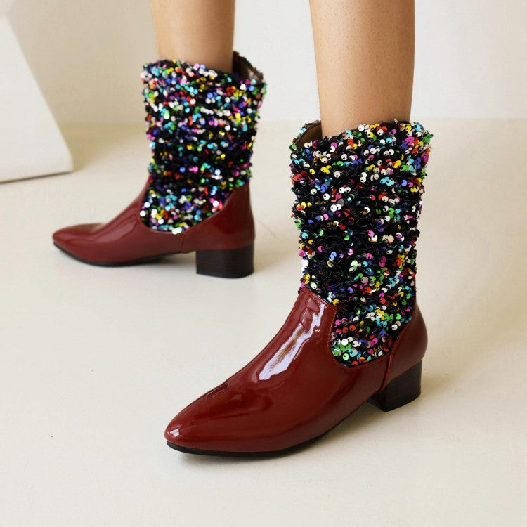 Women's Glossy Pointed Toe Sequins Patchwork Square Heel Mid Calf Boots