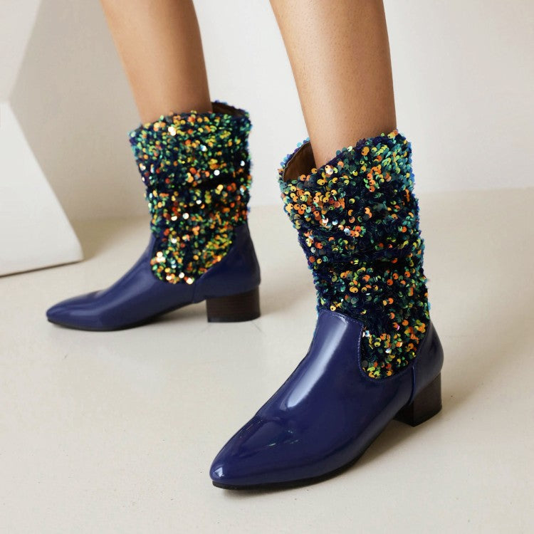 Women's Glossy Pointed Toe Sequins Patchwork Square Heel Mid Calf Boots