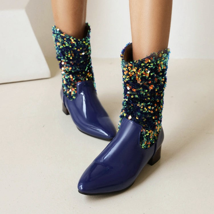 Women's Glossy Pointed Toe Sequins Patchwork Square Heel Mid Calf Boots