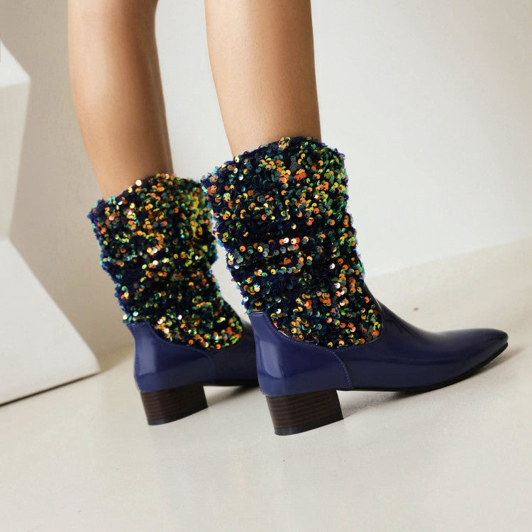 Women's Glossy Pointed Toe Sequins Patchwork Square Heel Mid Calf Boots