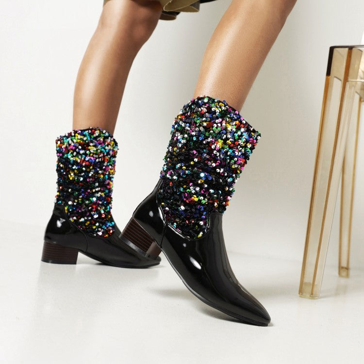 Women's Glossy Pointed Toe Sequins Patchwork Square Heel Mid Calf Boots