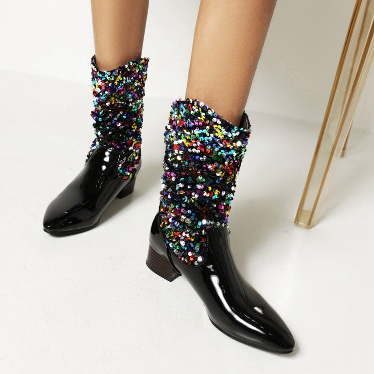 Women's Glossy Pointed Toe Sequins Patchwork Square Heel Mid Calf Boots