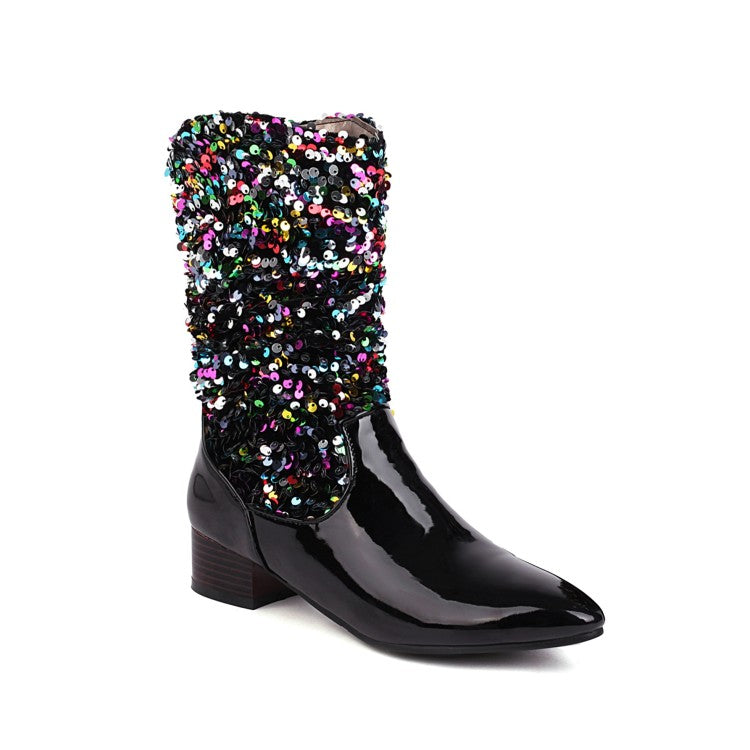 Women's Glossy Pointed Toe Sequins Patchwork Square Heel Mid Calf Boots