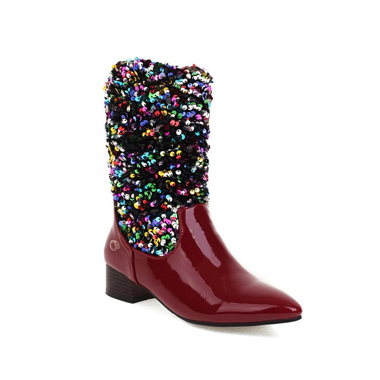 Women's Glossy Pointed Toe Sequins Patchwork Square Heel Mid Calf Boots