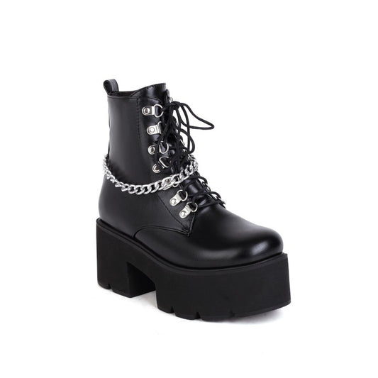 Women's Pu Leather Metal Chains Lace Up Belts Block Heel Platform Short Boots