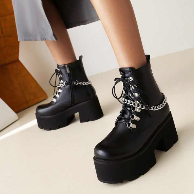 Women's Pu Leather Metal Chains Lace Up Belts Block Heel Platform Short Boots