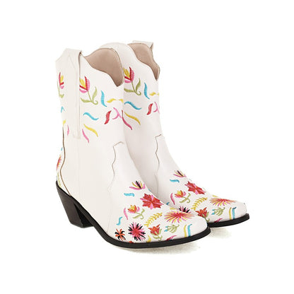 Women's Floral Embroidered High Heels Short Boots