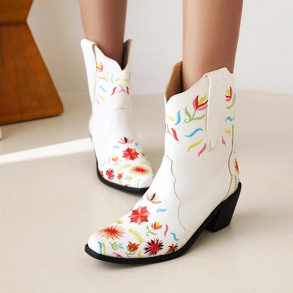 Women's Floral Embroidered High Heels Short Boots