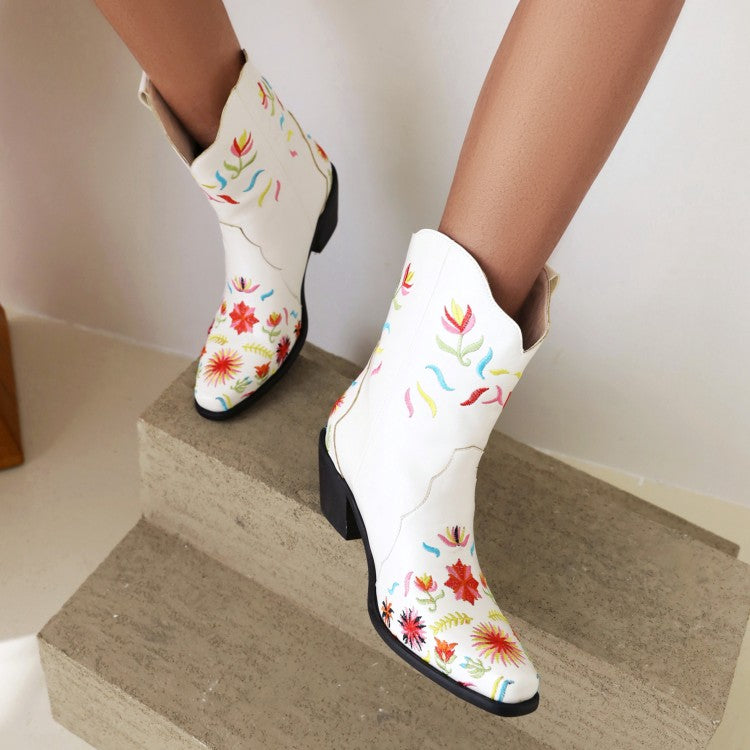 Women's Floral Embroidered High Heels Short Boots