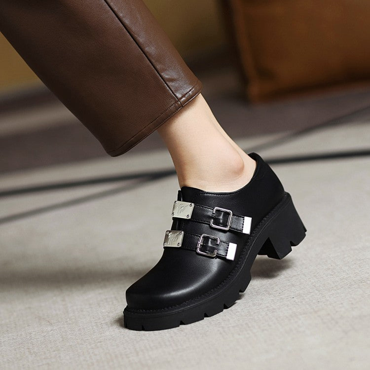 Women's Pu Leather Buckles Belts Block Heel Platform Chunky Heels Shoes