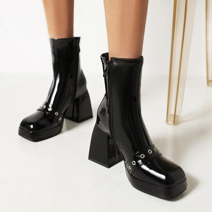 Women's Pu Leather Square Toe Side Zippers Block Heel Platform Short Boots