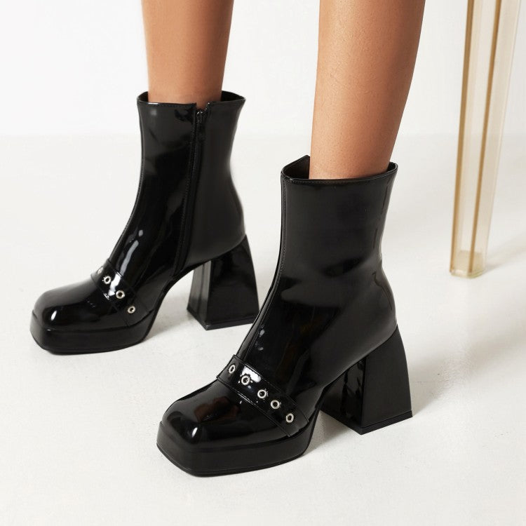 Women's Pu Leather Square Toe Side Zippers Block Heel Platform Short Boots
