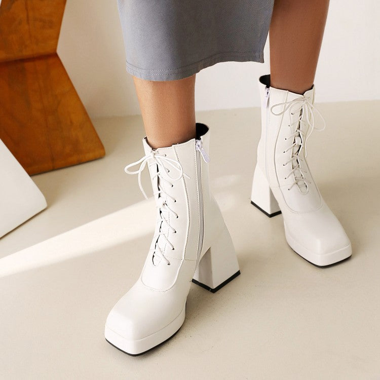 Women's Pu Leather Square Toe Lace Up Block Heel Platform Short Boots