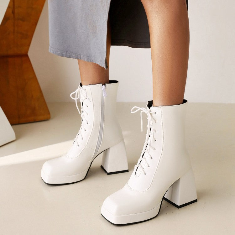 Women's Pu Leather Square Toe Lace Up Block Heel Platform Short Boots