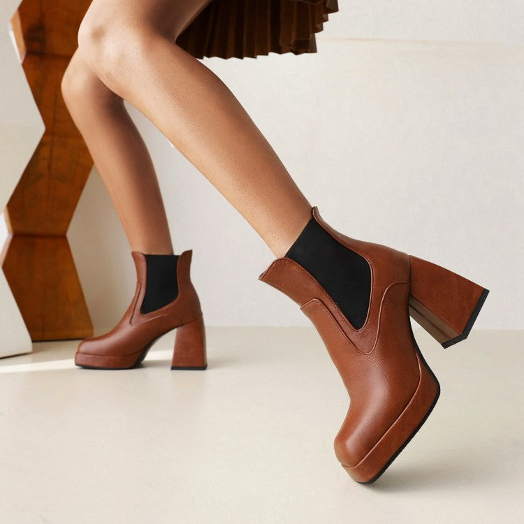 Women's Pu Leather Square Toe Patchwork Block Heel Platform Short Boots