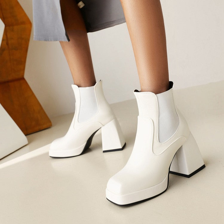Women's Pu Leather Square Toe Patchwork Block Heel Platform Short Boots