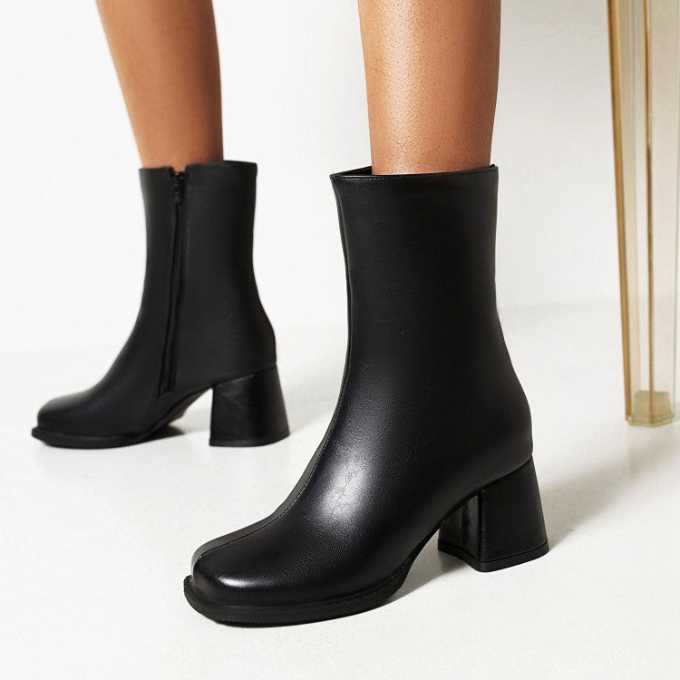 Women's Pu Leather Round Toe Side Zippers Block Heel Short Boots
