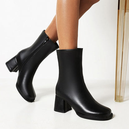 Women's Pu Leather Round Toe Side Zippers Block Heel Short Boots