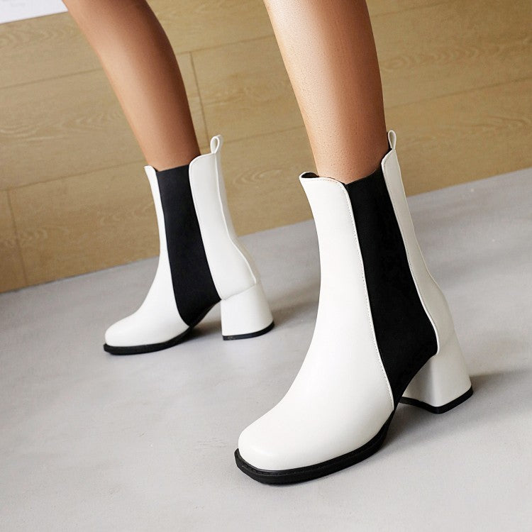 Women's Pu Leather Square Toe Bicolor Block Heel Short Boots