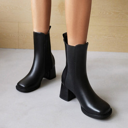 Women's Pu Leather Square Toe Bicolor Block Heel Short Boots