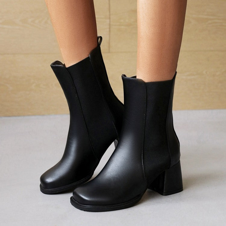 Women's Pu Leather Square Toe Bicolor Block Heel Short Boots