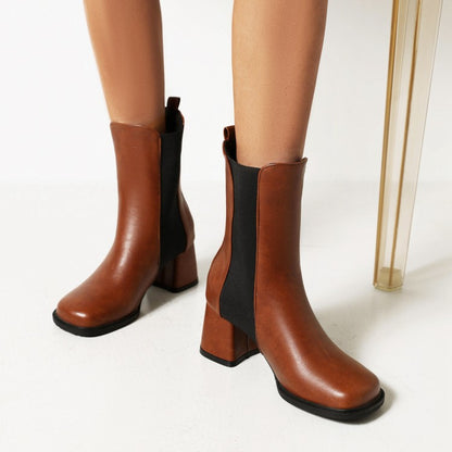 Women's Pu Leather Square Toe Bicolor Block Heel Short Boots