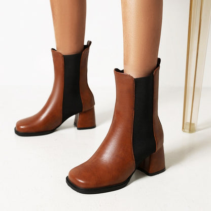 Women's Pu Leather Square Toe Bicolor Block Heel Short Boots