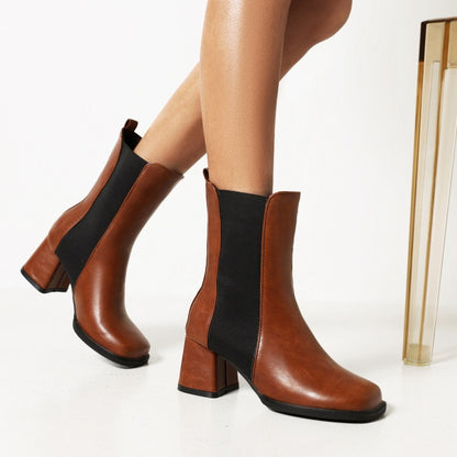 Women's Pu Leather Square Toe Bicolor Block Heel Short Boots