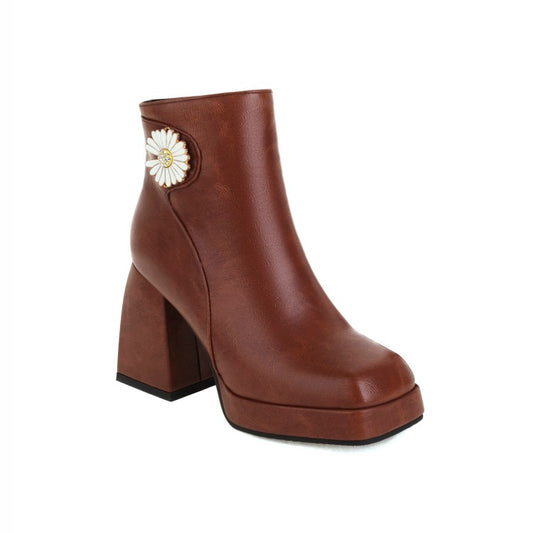 Women's Square Toe Pu Leather Sunflower Block Heel Platform Short Boots