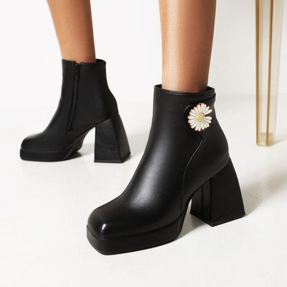 Women's Square Toe Pu Leather Sunflower Block Heel Platform Short Boots