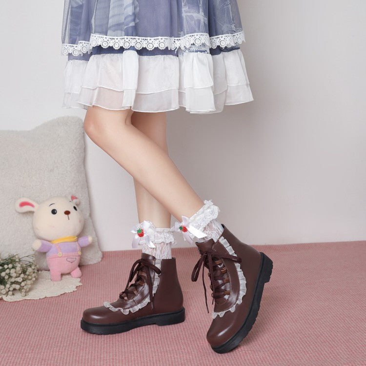 Women's Pu Leather Lolita Lace Up Flat Ankle Boots