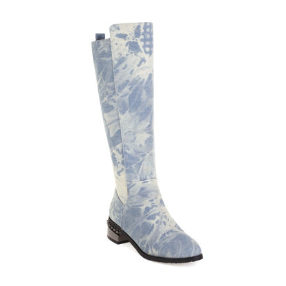 Women's Tie Dye Stitch Side Zippers Block Chunky Heel Knee High Boots