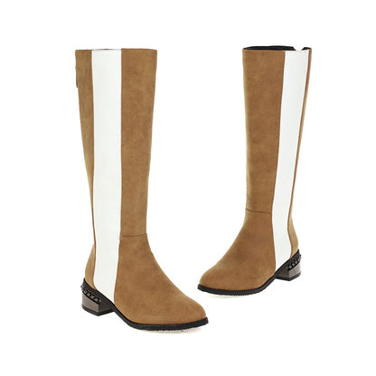 Women's Color Blocking Patchwork Back Zippers Puppy Heel Knee High Boots