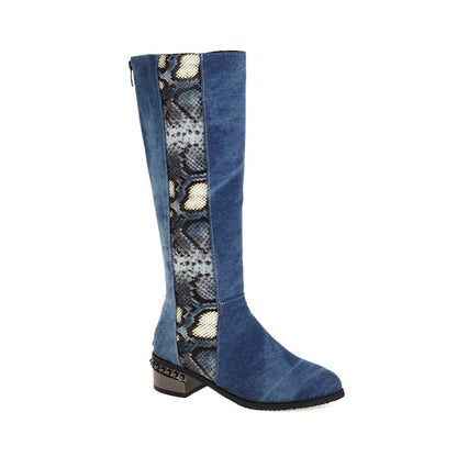 Women's Color Blocking Patchwork Back Zippers Puppy Heel Knee High Boots