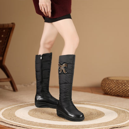 Women's Waterproof Rhinestones Zipper Wedge Heels Down Tall Boots for Winter