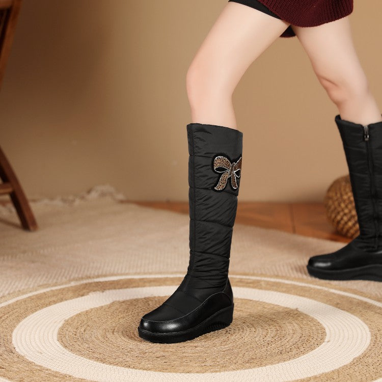 Women's Waterproof Rhinestones Zipper Wedge Heels Down Tall Boots for Winter