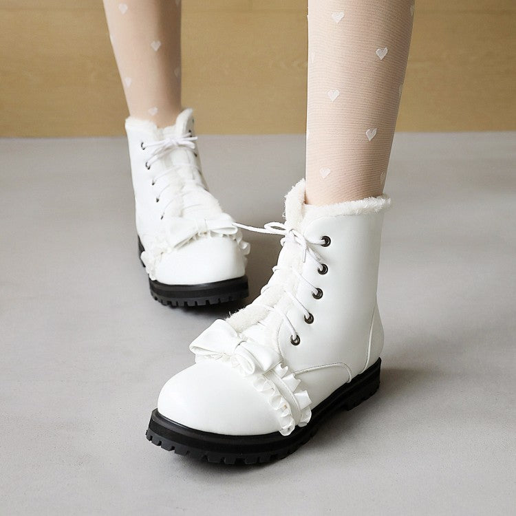 Women's  Bowtie Lace Low Heel Short Snow Boots