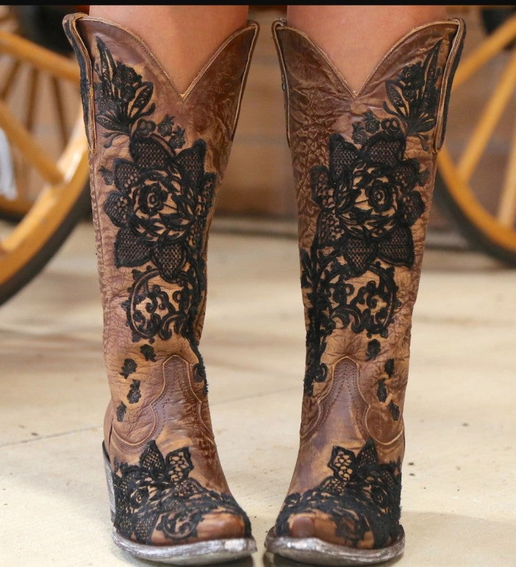 Women's Ethnic Patchwork Embroidery Low Heels Cowboy Knee High Boots