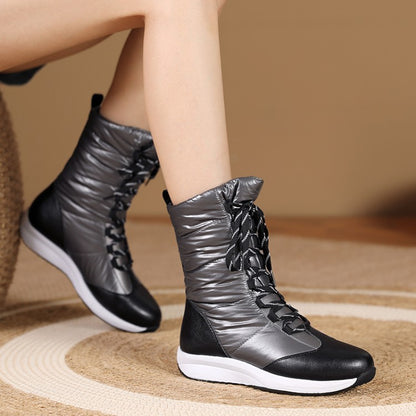 Women's Leather Wedges Heels Winter Down Mid Calf Snow Boots