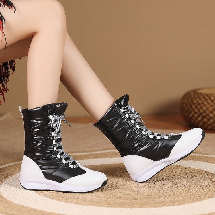 Women's Leather Wedges Heels Winter Down Mid Calf Snow Boots