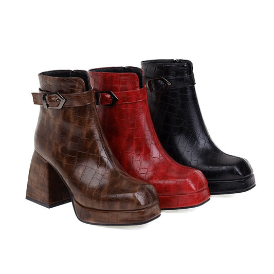 Women's Pattern Pu Leather Square Toe Buckles Belts Block Heel Platform Short Boots