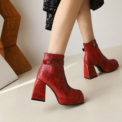 Women's Pattern Pu Leather Square Toe Buckles Belts Block Heel Platform Short Boots