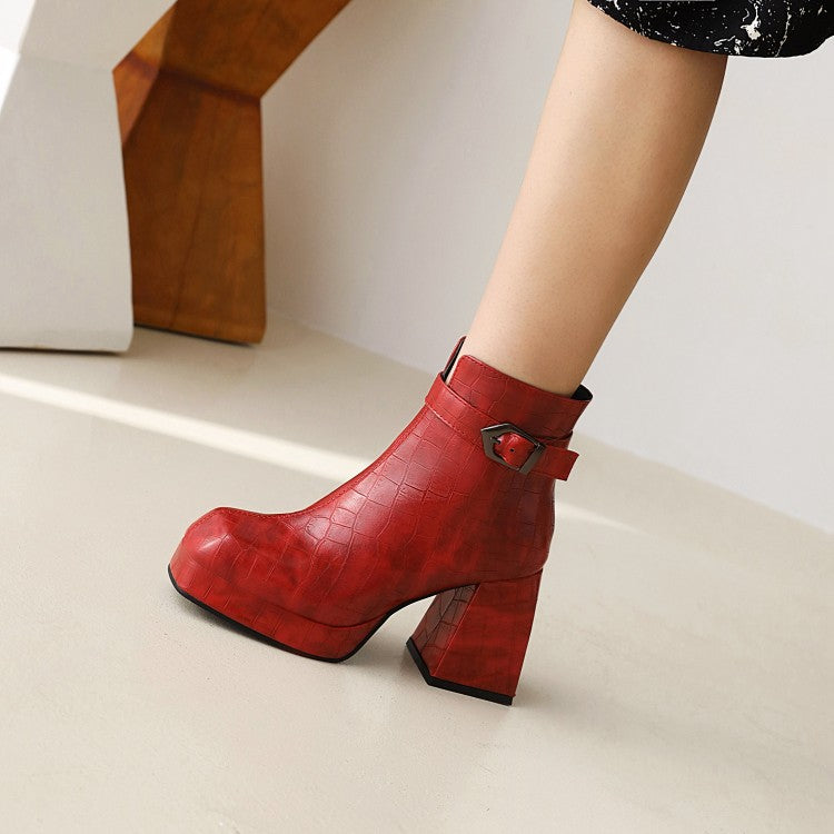 Women's Pattern Pu Leather Square Toe Buckles Belts Block Heel Platform Short Boots